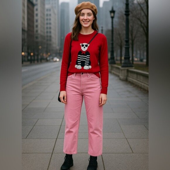 Tommy Hilfiger Womens Polar Bear Graphic Crewneck Sweater Eclectic SMALL Red - Picture 2 of 10